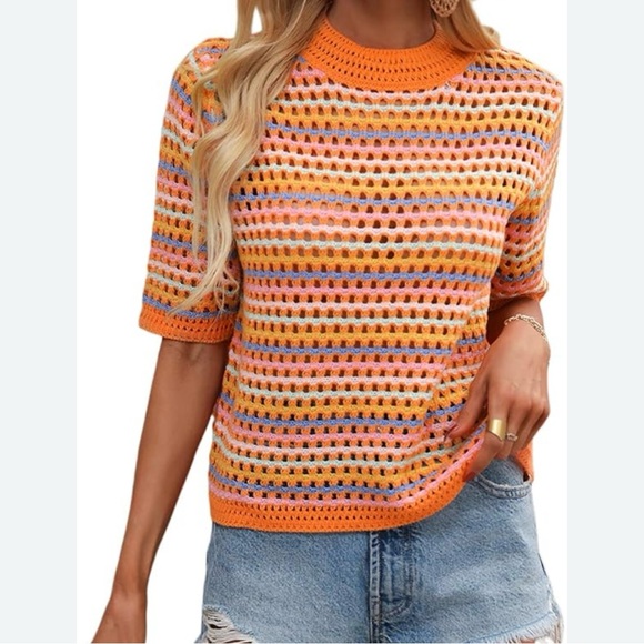 Tops - Striped Crochet Openwork Half
Sleeve Knit Top